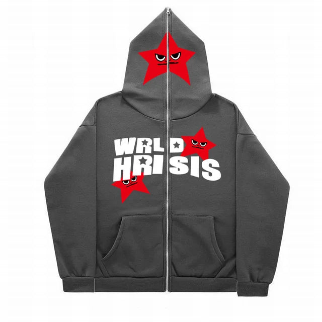 Angry Star Print Full Zip Gender Free Street Hoodie