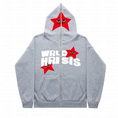 Angry Star Print Full Zip Gender Free Street Hoodie