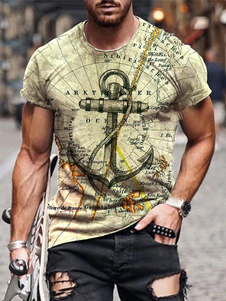 Men's Casual Round Neck Short Sleeve 3D Digital Printing Slim T-Shirt