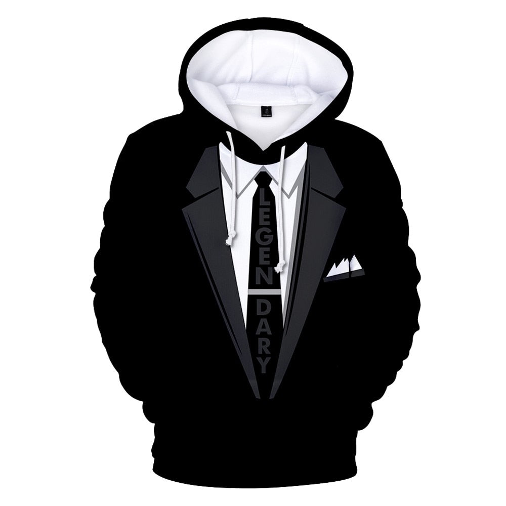 Men Suit Black hoodie Pattern 3D Print Long Sleeve Caps Sweatshirt Pullover