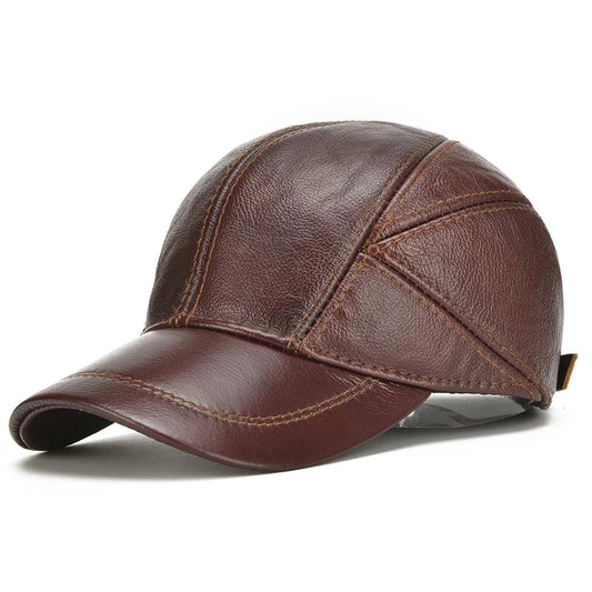 Casual Real Leather Earflap Cap Men Real Cowhide Leather Caps