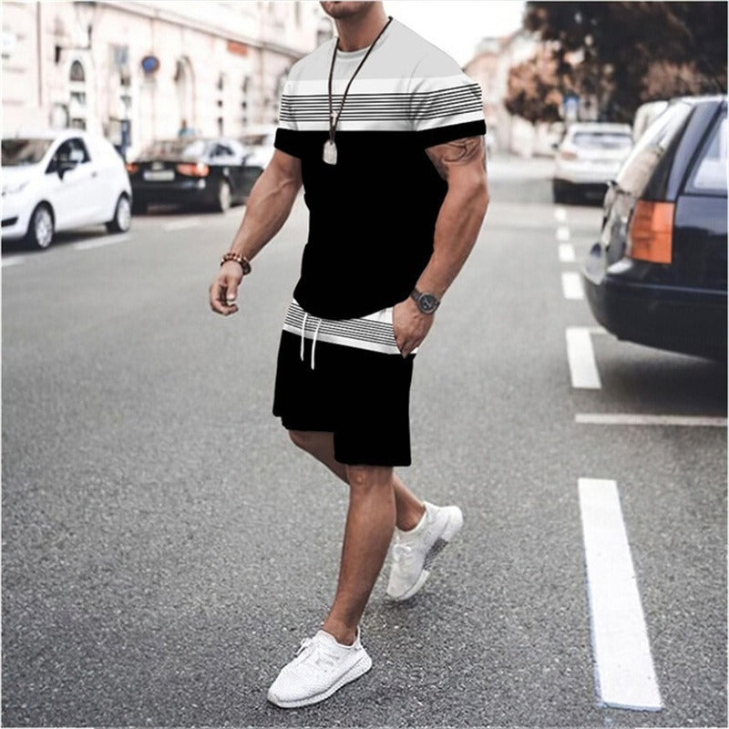 Men's Short Sleeved Sports And Leisure Pieced Round Neck Fitness Set