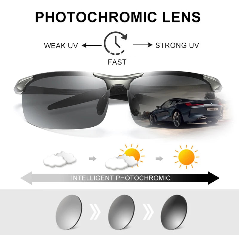 Aluminum Photochromic Sunglasses Men Polarized Day Night Driving Chameleon Glasses Anti-Glare Change Color Sun Glasses UV