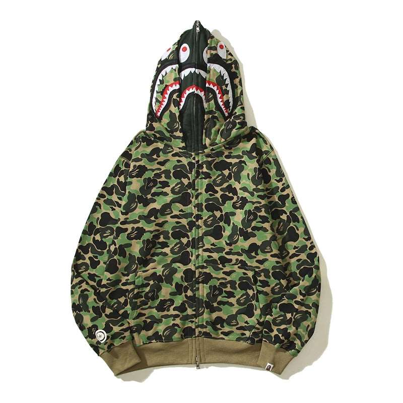 BAPE Jacket Shark Mouth Pattern Double cap Hoodie zipper Camouflage Print Sweatshirts Hoodie