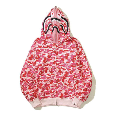 BAPE Jacket Shark Mouth Pattern Double cap Hoodie zipper Camouflage Print Sweatshirts Hoodie