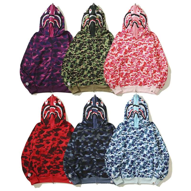 BAPE Jacket Shark Mouth Pattern Double cap Hoodie zipper Camouflage Print Sweatshirts Hoodie