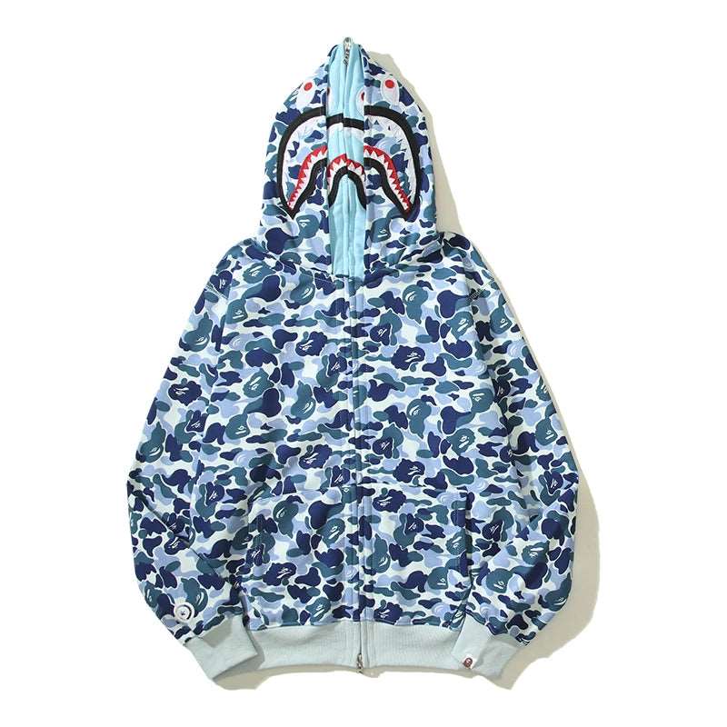 BAPE Jacket Shark Mouth Pattern Double cap Hoodie zipper Camouflage Print Sweatshirts Hoodie