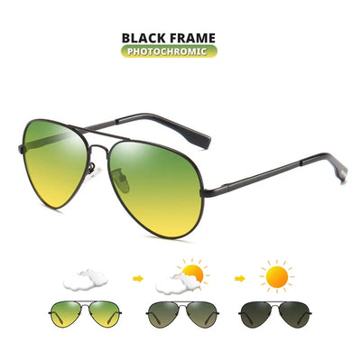 Fashion Pilot Sunglasses For Men Polarized Photochromic Day Night Driving Glasses