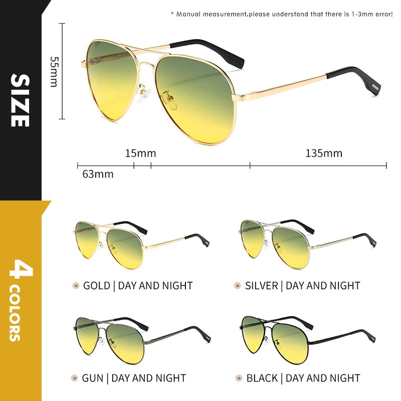 Fashion Pilot Sunglasses For Men Polarized Photochromic Day Night Driving Glasses