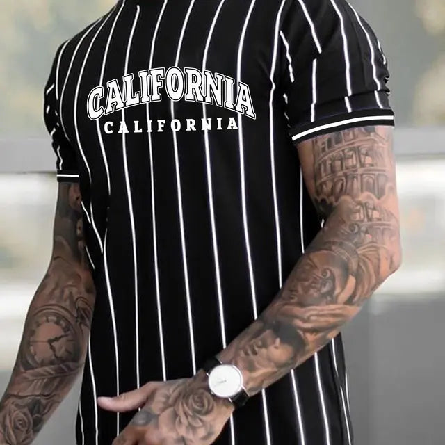 Striped T-shirt Men's Stretch Round Neck Tee Oversized Men Clothing