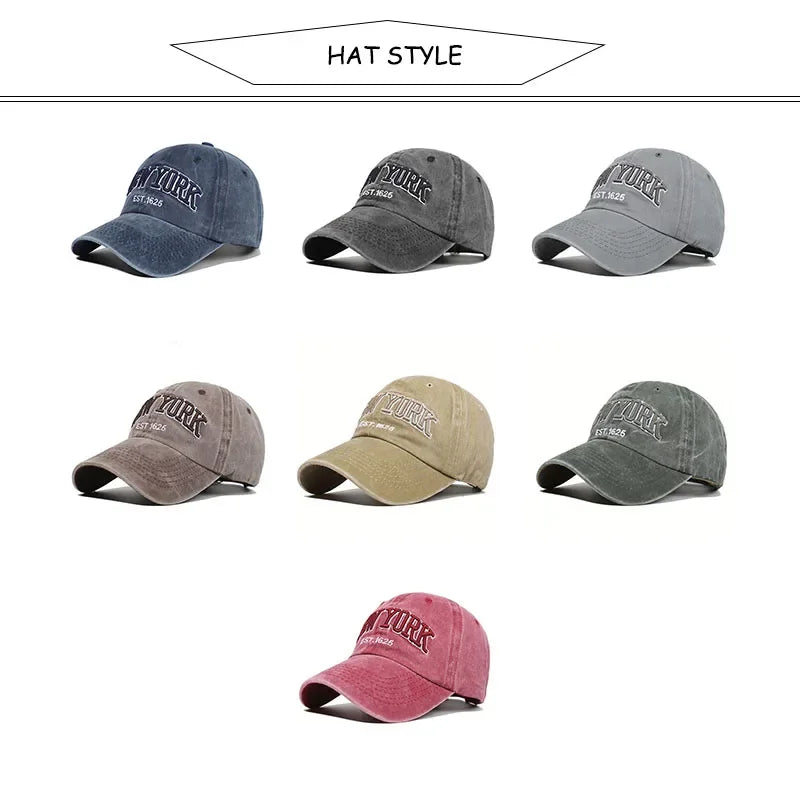 Retro Letter New York Washed Cotton Baseball Caps  Embroidery Snapback Hats