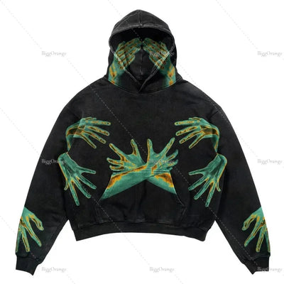 Y2k Punk Wind Skull Printed Cotton Hoodies Sweatshirt Couples Hip-hop Retro Street Loose Oversized Hoodies Harajuku Gothic Top