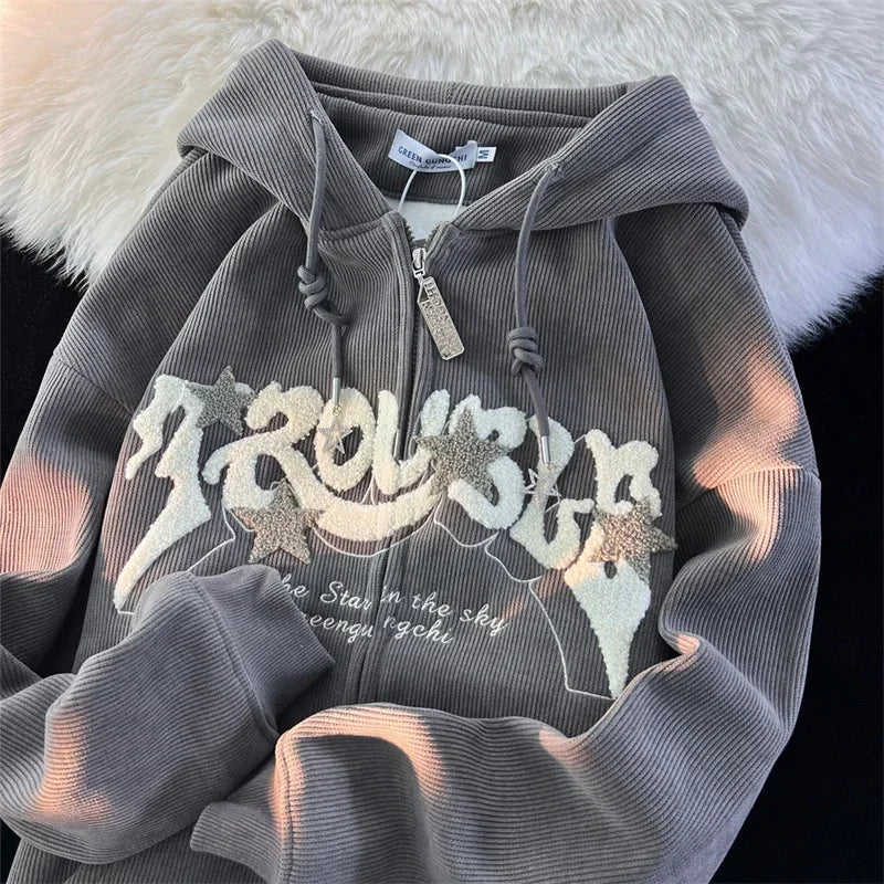 Corduroy Zip Up Hoodies Foam Print Jacket  Hoodie Sweatshirts