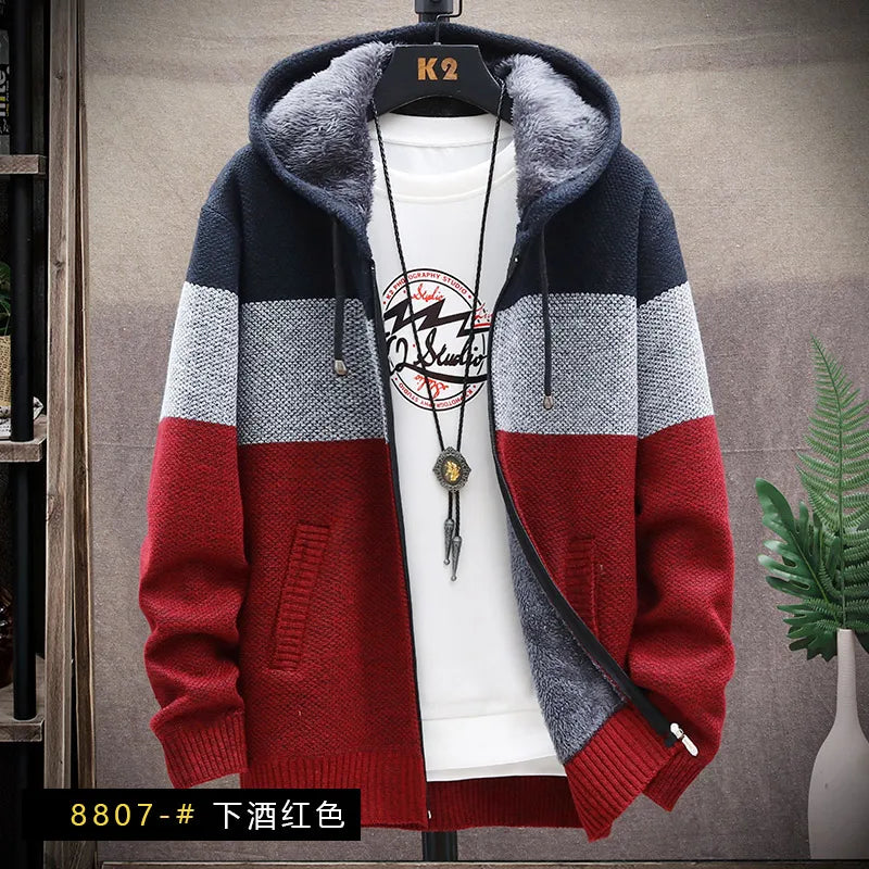 Men Sweater Add Velvet Cardigan Patchwork Color Stand Collar Male Casual Zipper Knitted Thick Warm