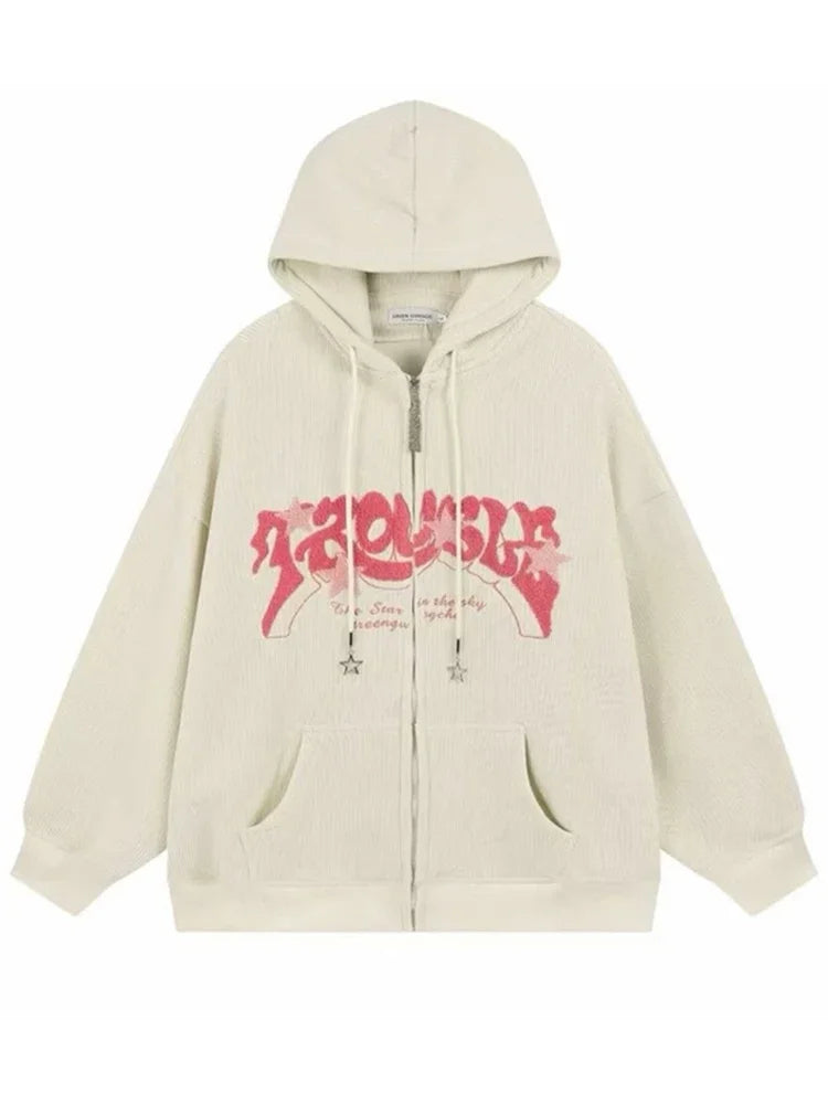 Corduroy Zip Up Hoodies Foam Print Jacket  Hoodie Sweatshirts