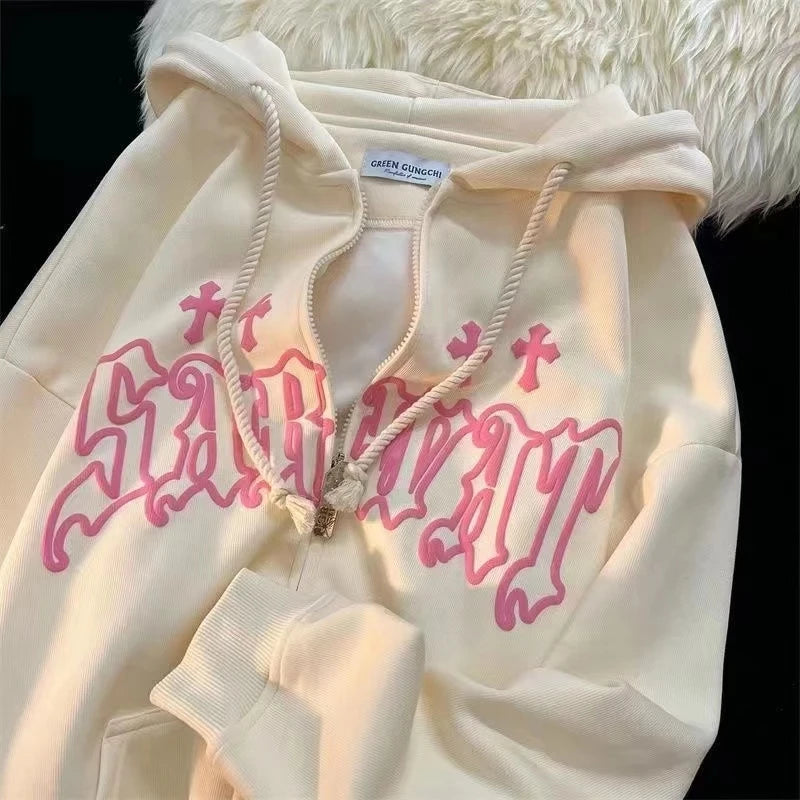 Embroidery Hoodies  High Street Harajuku Retro Hip Hop Zip Up Hoodie Loose Man Sweatshirt Hoodie Clothes