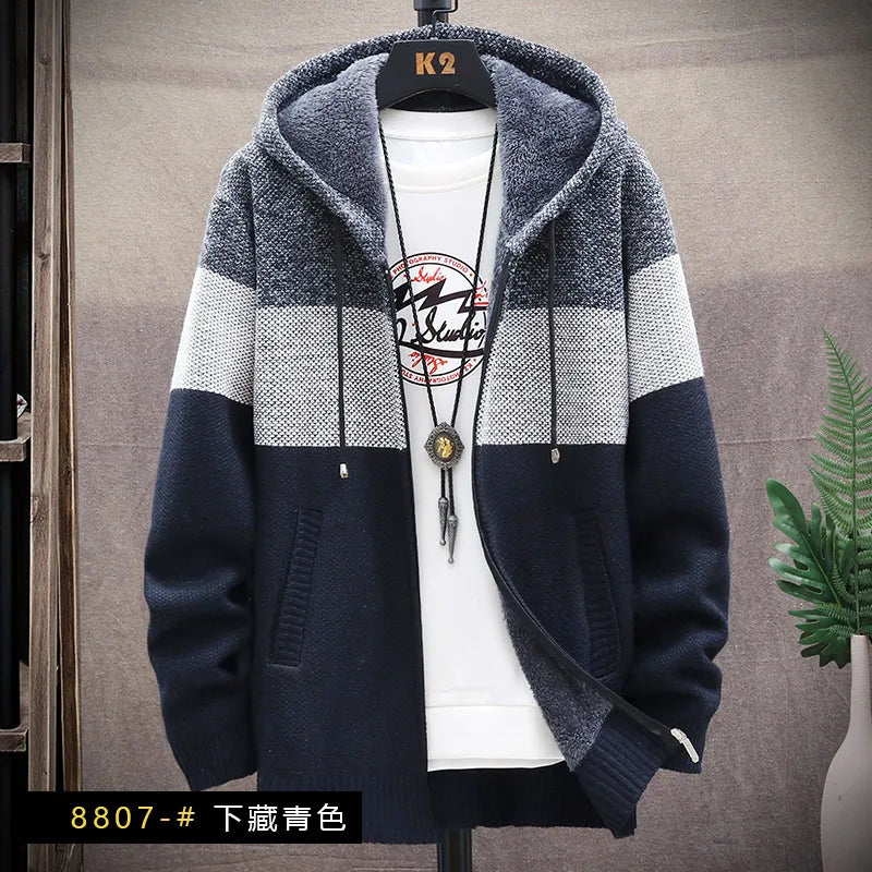 Men Sweater Add Velvet Cardigan Patchwork Color Stand Collar Male Casual Zipper Knitted Thick Warm