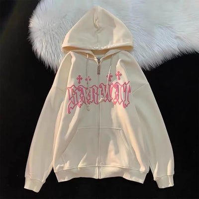 Embroidery Hoodies  High Street Harajuku Retro Hip Hop Zip Up Hoodie Loose Man Sweatshirt Hoodie Clothes