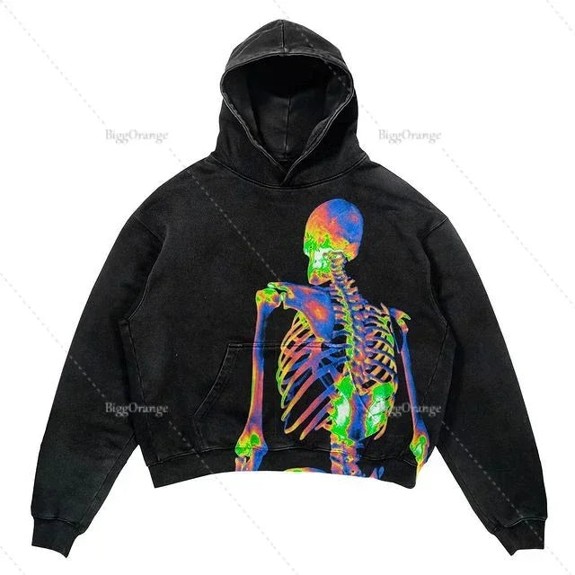 Y2k Punk Wind Skull Printed Cotton Hoodies Sweatshirt Couples Hip-hop Retro Street Loose Oversized Hoodies Harajuku Gothic Top