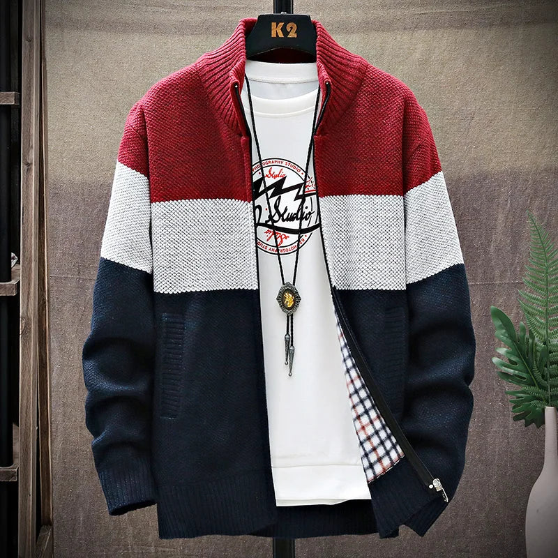 Men Sweater Add Velvet Cardigan Patchwork Color Stand Collar Male Casual Zipper Knitted Thick Warm