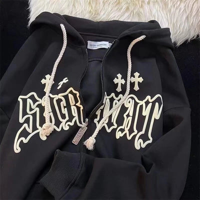 Embroidery Hoodies  High Street Harajuku Retro Hip Hop Zip Up Hoodie Loose Man Sweatshirt Hoodie Clothes