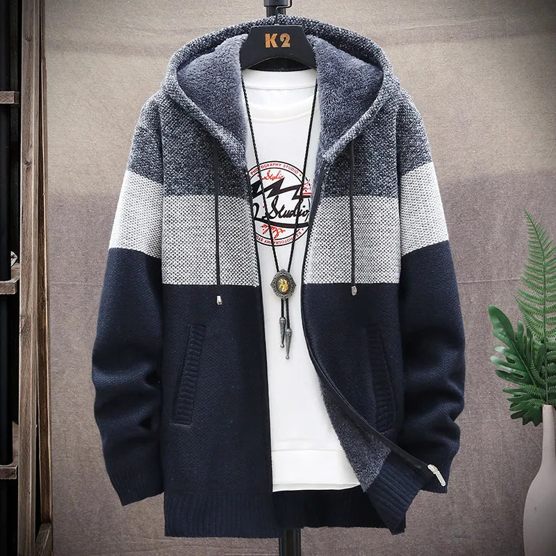 Men Sweater Add Velvet Cardigan Patchwork Color Stand Collar Male Casual Zipper Knitted Thick Warm