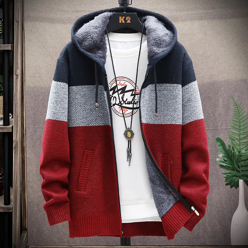 Men Sweater Add Velvet Cardigan Patchwork Color Stand Collar Male Casual Zipper Knitted Thick Warm