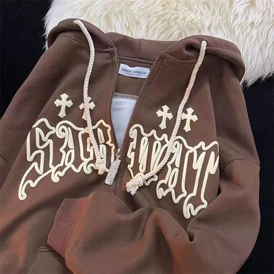 Embroidery Hoodies  High Street Harajuku Retro Hip Hop Zip Up Hoodie Loose Man Sweatshirt Hoodie Clothes