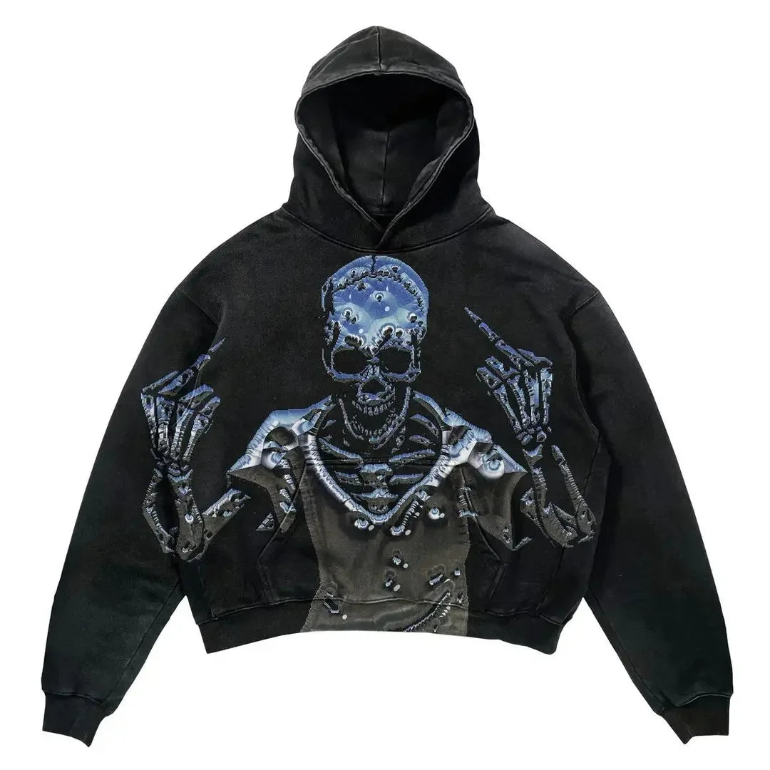 Y2k Punk Wind Skull Printed Cotton Hoodies Sweatshirt Couples Hip-hop Retro Street Loose Oversized Hoodies Harajuku Gothic Top