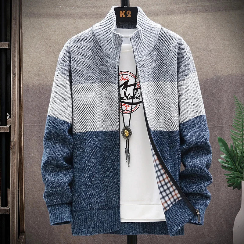 Men Sweater Add Velvet Cardigan Patchwork Color Stand Collar Male Casual Zipper Knitted Thick Warm