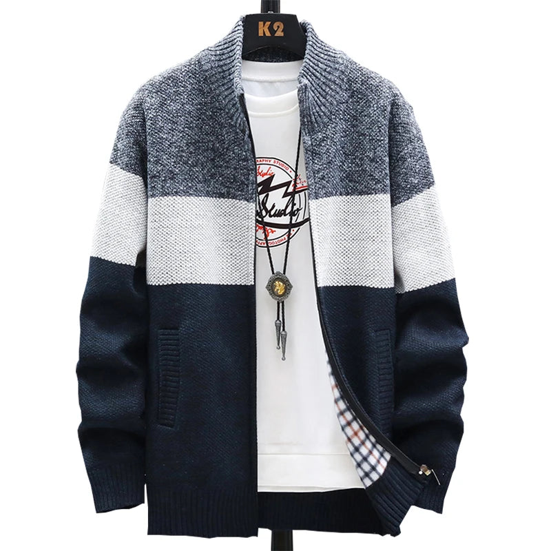 Men Sweater Add Velvet Cardigan Patchwork Color Stand Collar Male Casual Zipper Knitted Thick Warm