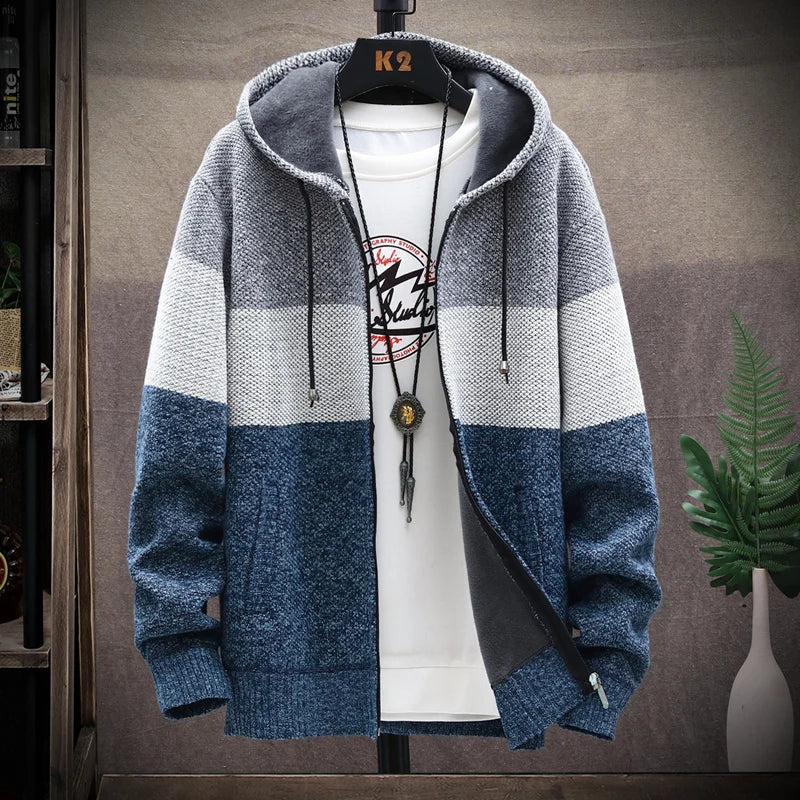 Men Sweater Add Velvet Cardigan Patchwork Color Stand Collar Male Casual Zipper Knitted Thick Warm