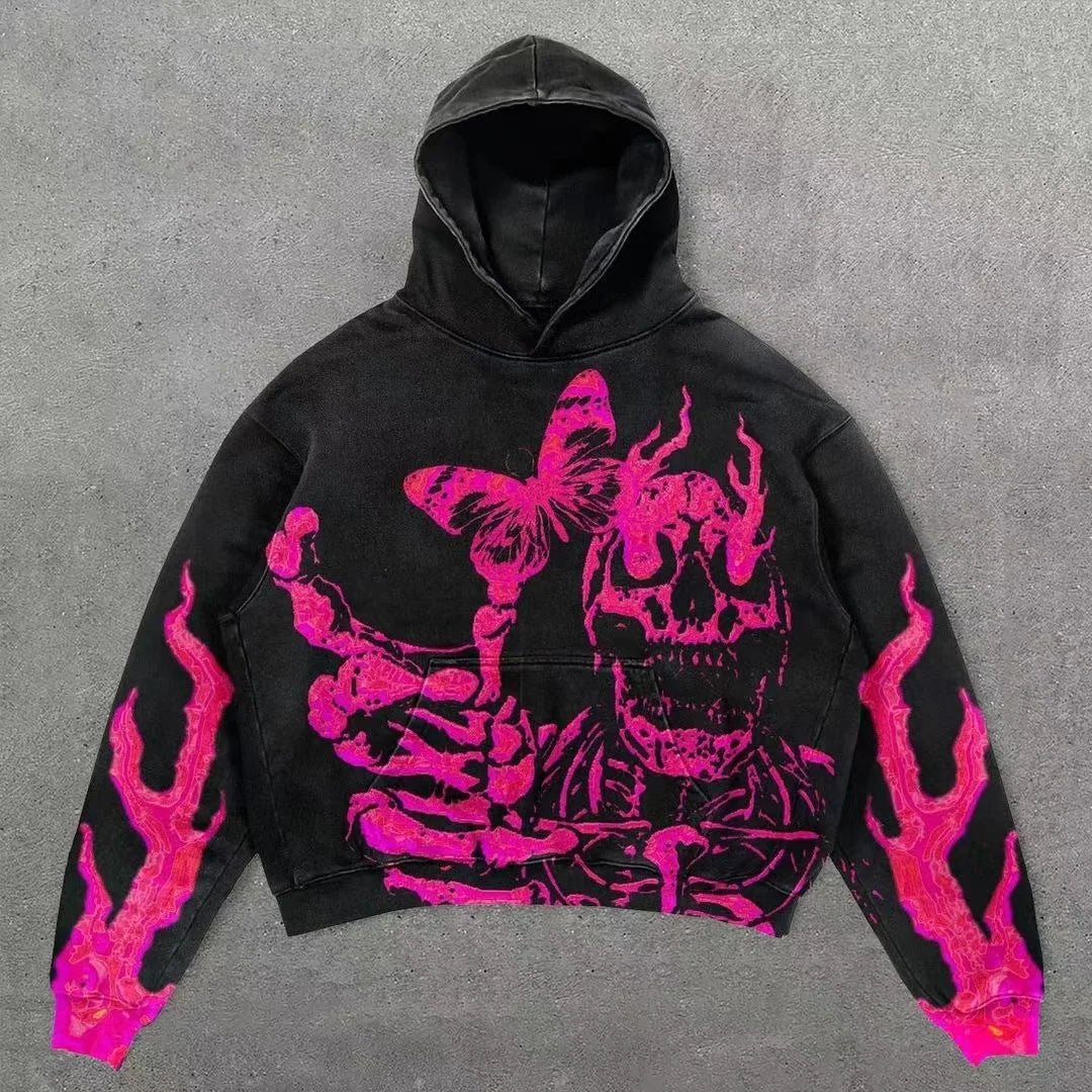 Y2k Punk Wind Skull Printed Cotton Hoodies Sweatshirt Couples Hip-hop Retro Street Loose Oversized Hoodies Harajuku Gothic Top