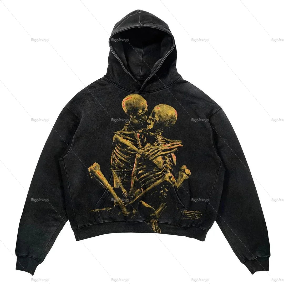 Y2k Punk Wind Skull Printed Cotton Hoodies Sweatshirt Couples Hip-hop Retro Street Loose Oversized Hoodies Harajuku Gothic Top