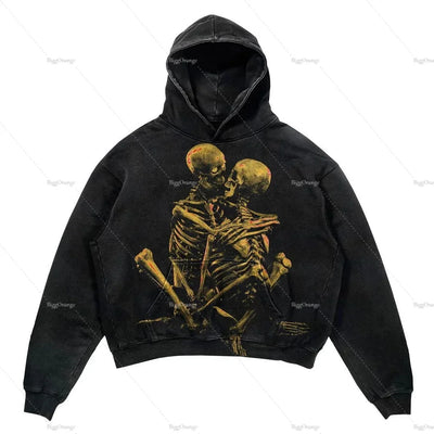 Y2k Punk Wind Skull Printed Cotton Hoodies Sweatshirt Couples Hip-hop Retro Street Loose Oversized Hoodies Harajuku Gothic Top