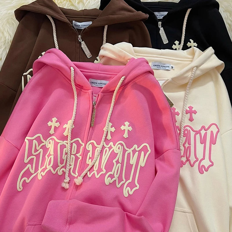 Embroidery Hoodies  High Street Harajuku Retro Hip Hop Zip Up Hoodie Loose Man Sweatshirt Hoodie Clothes