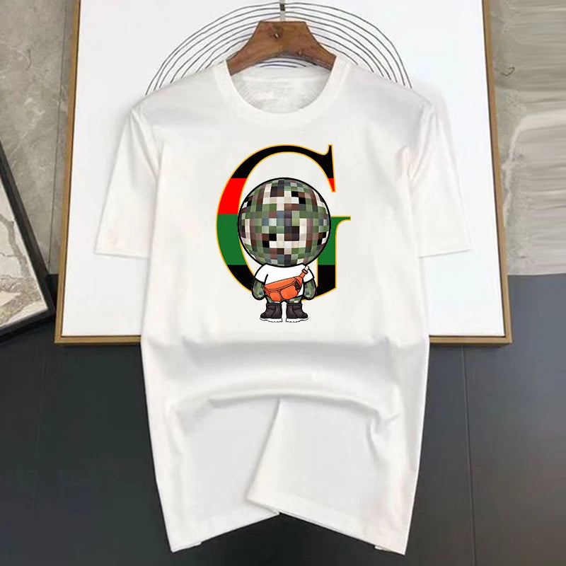 100%Cotton Luxury Brand G Letter Mosaic Ball Head Printing Short Sleeve Tee