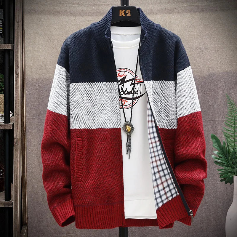 Men Sweater Add Velvet Cardigan Patchwork Color Stand Collar Male Casual Zipper Knitted Thick Warm