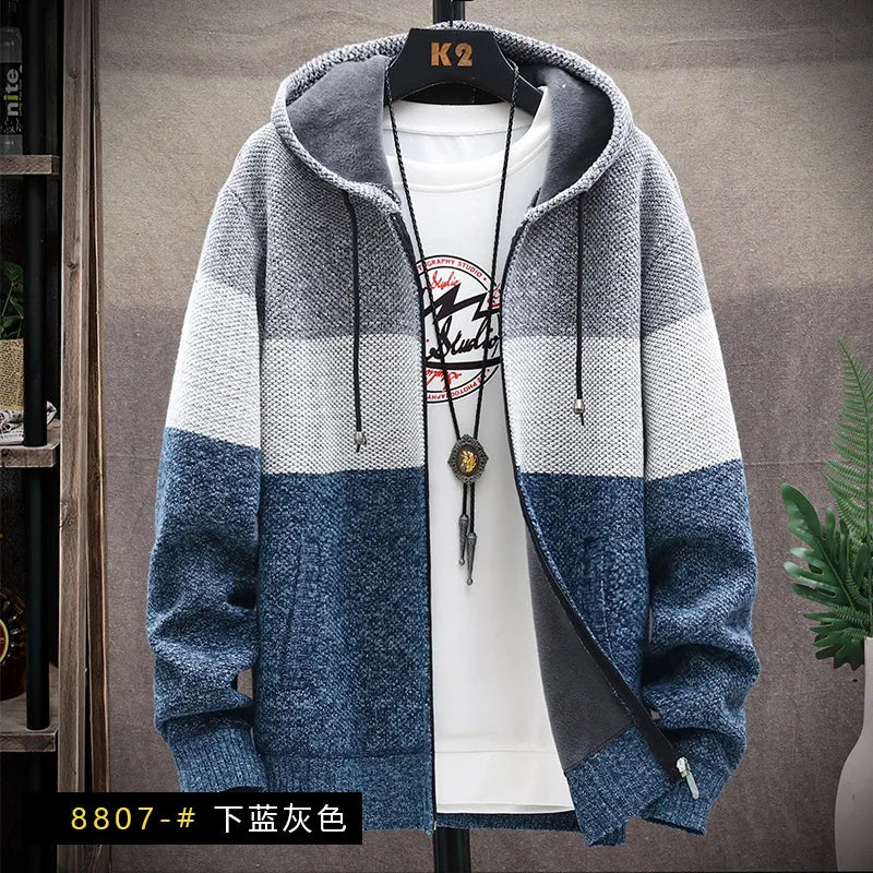 Men Sweater Add Velvet Cardigan Patchwork Color Stand Collar Male Casual Zipper Knitted Thick Warm