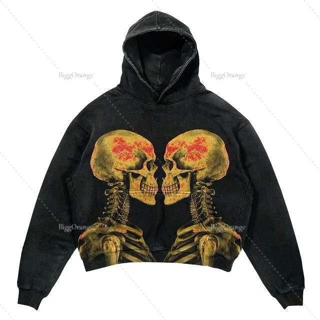 Y2k Punk Wind Skull Printed Cotton Hoodies Sweatshirt Couples Hip-hop Retro Street Loose Oversized Hoodies Harajuku Gothic Top