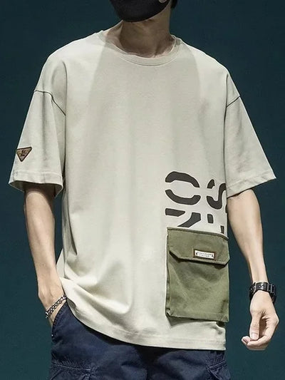 Men's Short Sleeve Letter Printed T-shirt With Cargo Pocket Casual Cotton O-Neck Tops Y2K Streetwear Oversized Tee Shirts