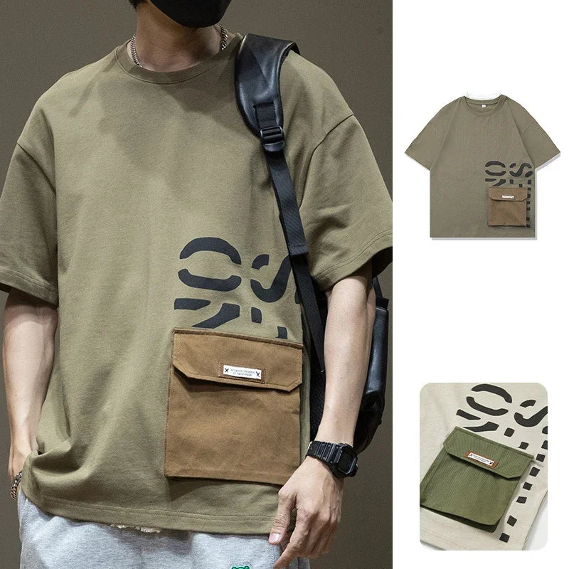 Men's Short Sleeve Letter Printed T-shirt With Cargo Pocket Casual Cotton O-Neck Tops Y2K Streetwear Oversized Tee Shirts