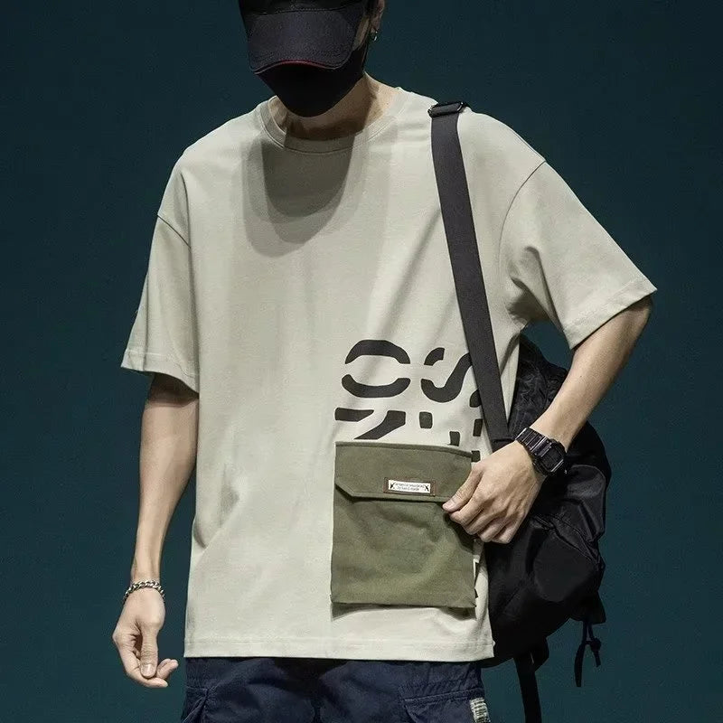 Men's Short Sleeve Letter Printed T-shirt With Cargo Pocket Casual Cotton O-Neck Tops Y2K Streetwear Oversized Tee Shirts