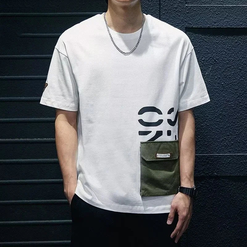 Men's Short Sleeve Letter Printed T-shirt With Cargo Pocket Casual Cotton O-Neck Tops Y2K Streetwear Oversized Tee Shirts