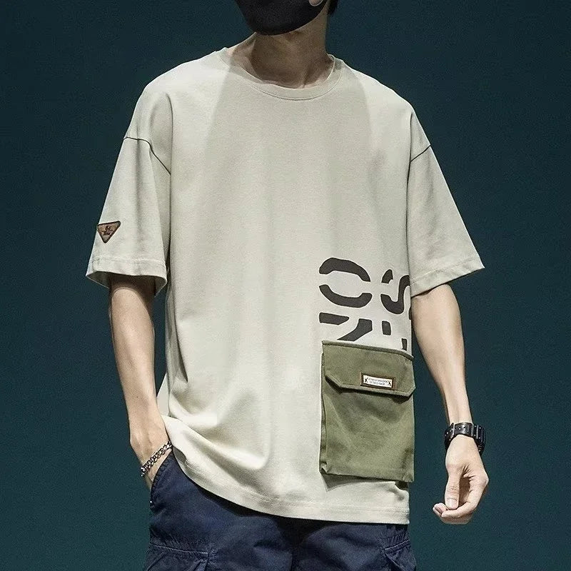 Men's Short Sleeve Letter Printed T-shirt With Cargo Pocket Casual Cotton O-Neck Tops Y2K Streetwear Oversized Tee Shirts