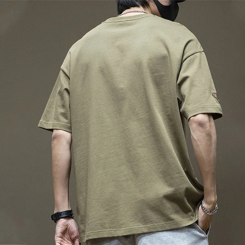 Men's Short Sleeve Letter Printed T-shirt With Cargo Pocket Casual Cotton O-Neck Tops Y2K Streetwear Oversized Tee Shirts