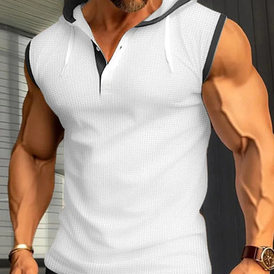 Tank Top for Men American Retro Handsome Loose Casual Simplicity Solid Color Button Hooded V Neck Sleeveless