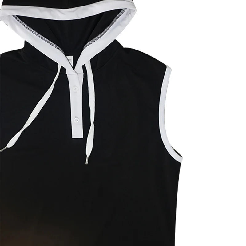 Tank Top for Men American Retro Handsome Loose Casual Simplicity Solid Color Button Hooded V Neck Sleeveless