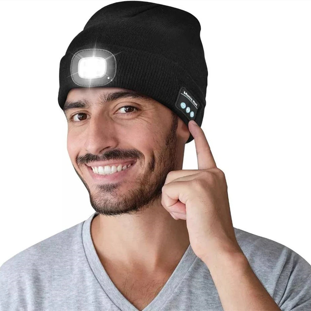 Unisex Bluetooth Headlamp Hat Headphones Beanie with LED Music Cap Built-in Speakers & Mic Earbuds