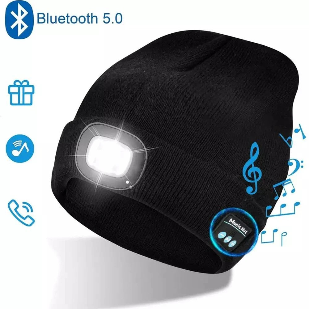 Unisex Bluetooth Headlamp Hat Headphones Beanie with LED Music Cap Built-in Speakers & Mic Earbuds